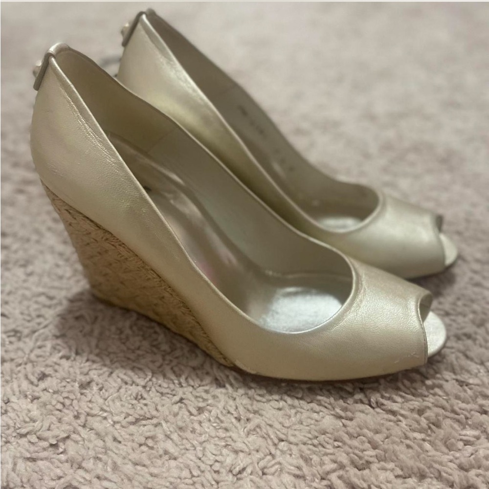 Stuart Weitzman Cream Peep-Toe Wedges